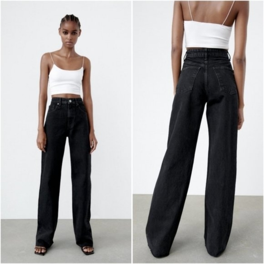 ZARA High Waist Wide Leg Black Rigid Denim Pant Curvy & Tall Girls Love! 31/12